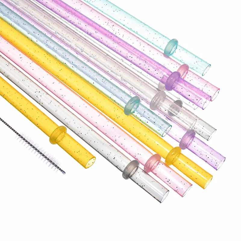 12 Pcs reusable plastic straws glitter drinking straws for Stanley Cup clear sparkle straw with cleaning brush for tumbler party reusable plastic straws