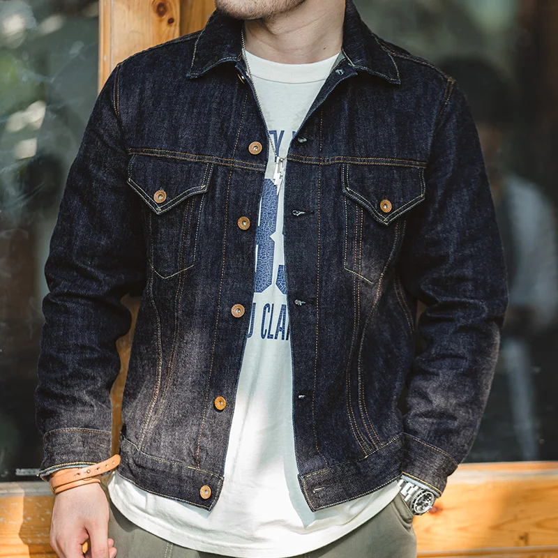 

2023 Fashion Cowboy Blue Slim Fit Coat Amekaji Men's Casual Denim Jacket Washed Dark Vintage Bomber Jackets Uncle Fu Workwear