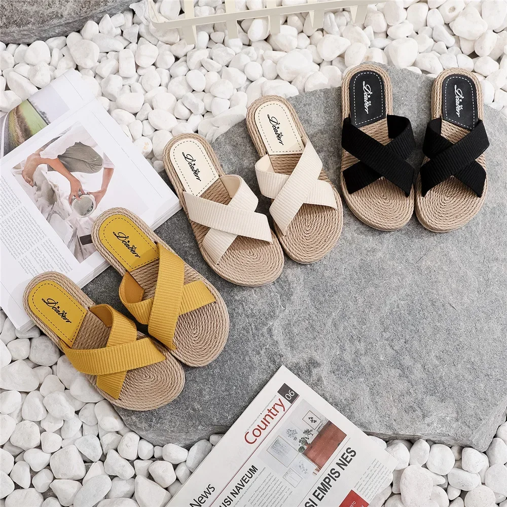 

Summer Women Slippers Ladies New Light Slippers Cross Drag Handmade Straw Woven Shoes Hemp Rope Outer Wear Slippers Casual Shoes