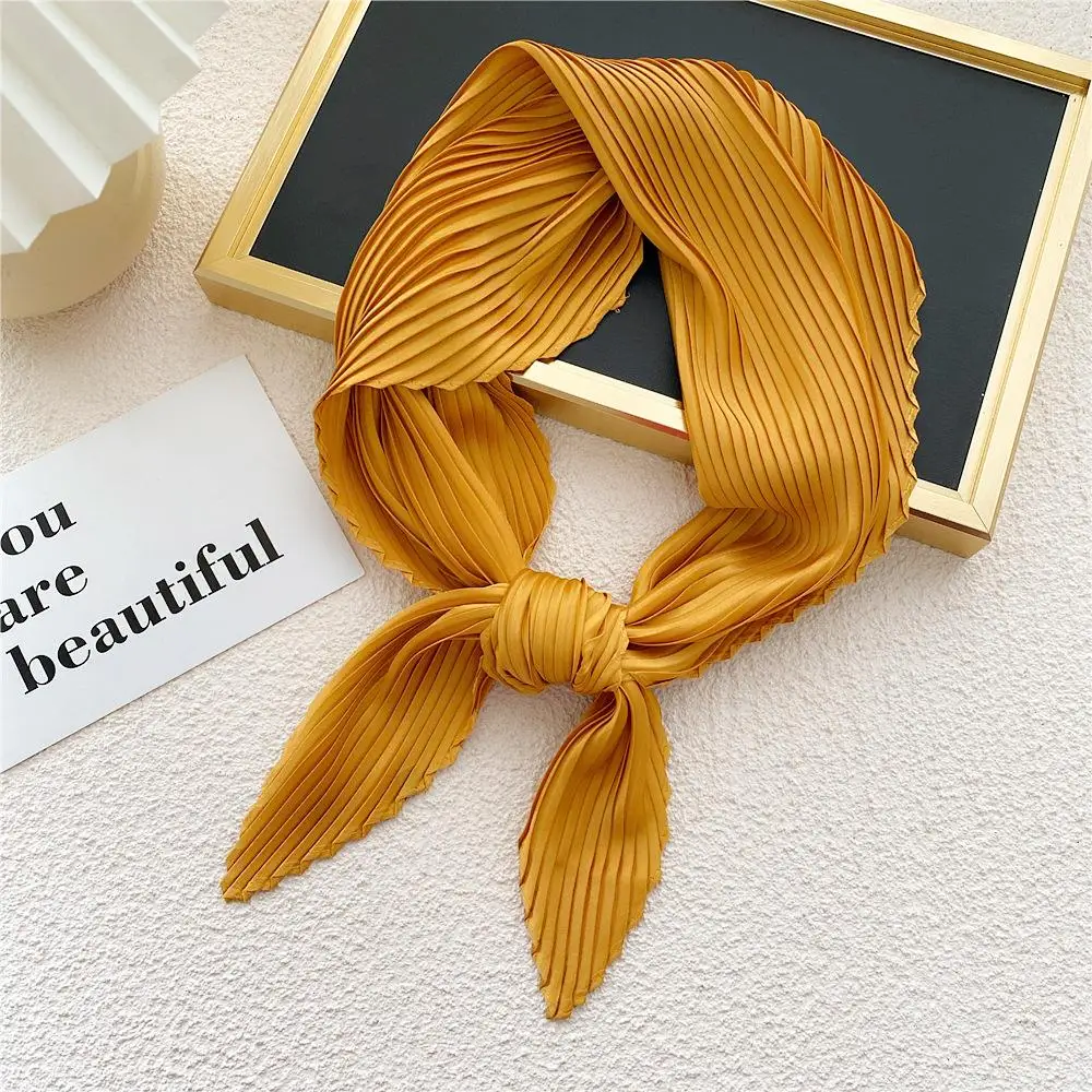 Women Pleated Satin Scarf For Ladies Neckerchief Ribbon Square Skinny Hair Tie Band Kerchief Satin Foulard Scarves Headscarf - 3