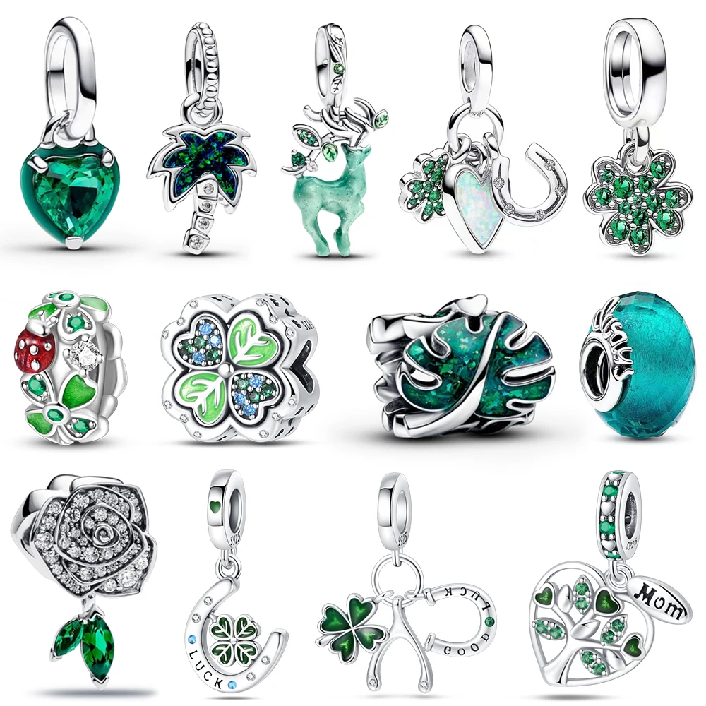 Sparkling Rose in Bloom & Opalescent Green Palm Tree & Leaves Dangle Charm Fits Pandora Bracelet Fine 925 Sterling Silver Beads