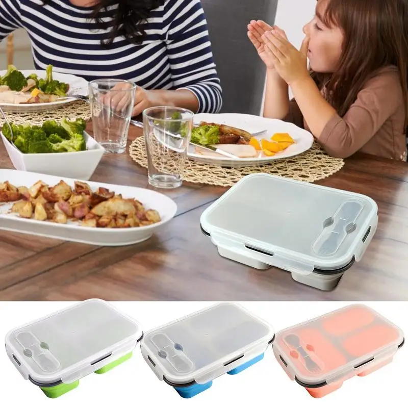 

Пищевая силиконовая портативная миска, Ланч-бокс, бэнто-бокс для микроволновой печи с 3 отделениями, контейнер для еды для путешествий
