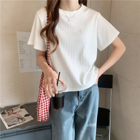 Women's Solid Color Short-sleeved Knitted T-shirt Casual O-Neck all-match Tops Female loose Pullover Tees Shirt Streewear
