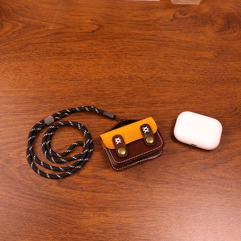 Bluetooth Earphones Bag for AirPods Pro 2 with Removable Lanyard Handcrafted Leather Earbud Cover Shockproof Protective Case