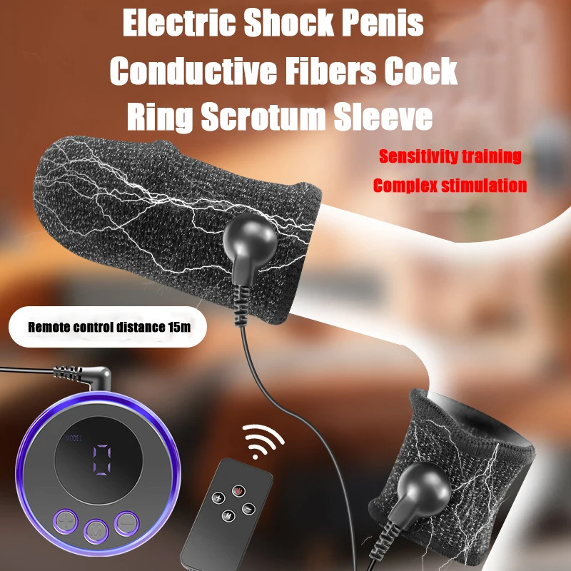 Sex Toys Electric Shock Penis Conductive Fiber Cock Ring Scrotum Sleeve Stimulation Therapy Delay Ejaculation for Men