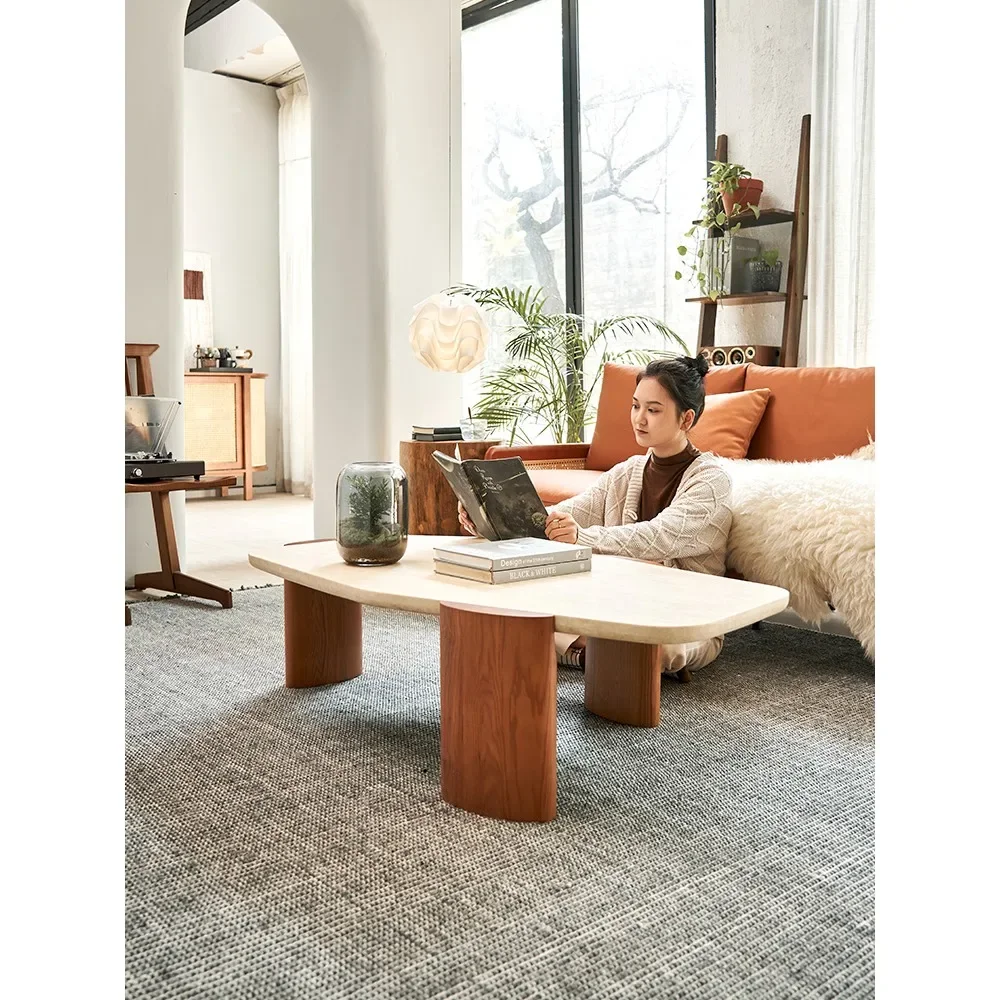 

Nordic retro solid wood coffee table, natural cave stone tea table, living room home creative special-shaped marble tea table