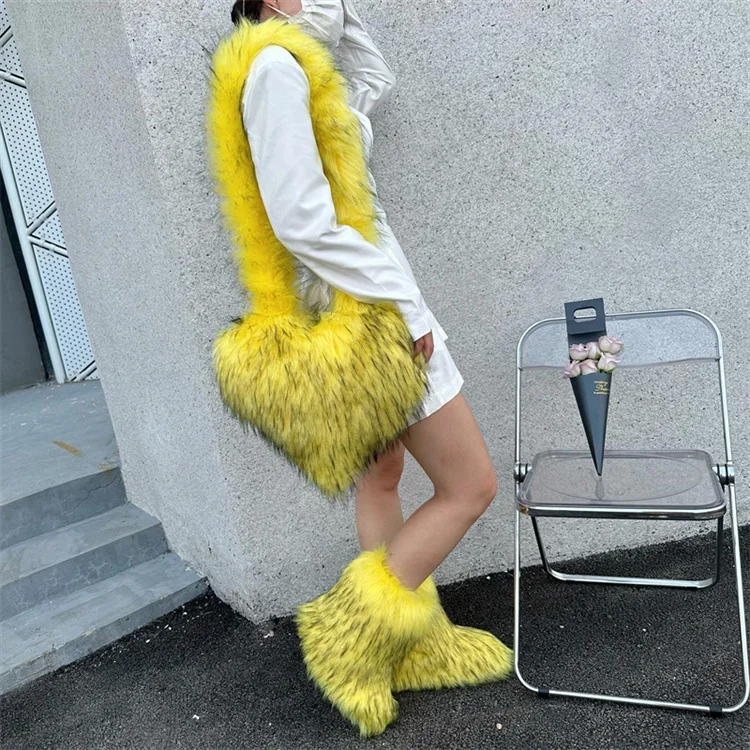 Winter Women Faux Fur Boots And Bag Set Furry Warm Snow Boots Cute Heart-shaped Fur Handbag Love Bag Girls Platform Plush Boots