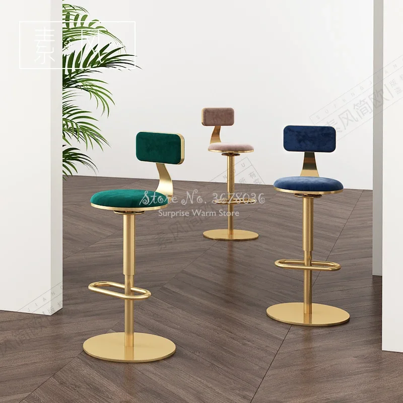 Nordic Golden Bar Stool Velvet Chair Height Adjustable Lifting High Chair Rotating Round Bar Stool Backrest Home Furniture