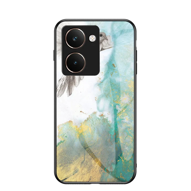 Marble Grain Tempered Glass Hard Back Cover with Silicone Bumper