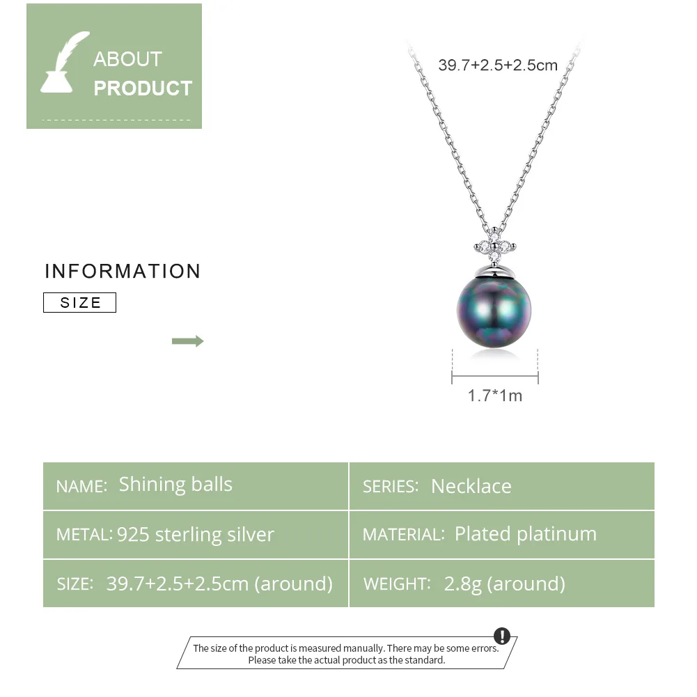 bamoer 925 Sterling Silver Elegant Black Pearl Charm Necklace Shell Pearl Zircon Chain Necklace for Women Fine Jewelry BSN226