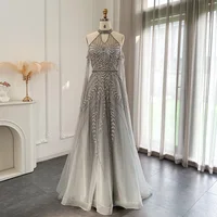Luxury Dubai Blue Evening Dresses with Cape Sleeves Elegant Silver Gray Gold Women Wedding Party Gown In Stock SCZ071 1