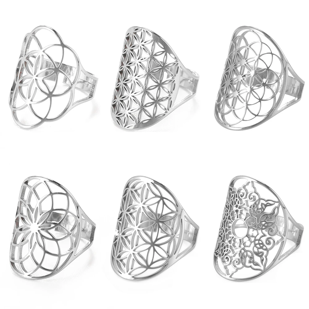 Unift Scared Geometry Bloem van het Leven Ring Verstelbare Roestvrij Stalen Ring Heren Dames Accessoires Vintage Filigree Viking Sieraden