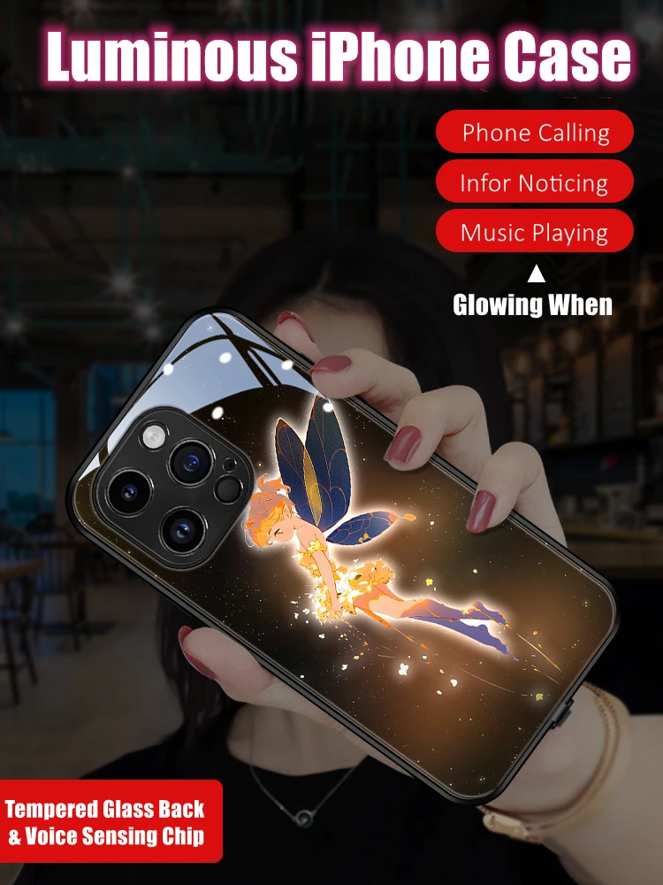 

Beautiful Spirit LED Light Glowing Luminous Tempered Glass Phone Case for iPhone 11 12 13 14 15 X Xs Xr Mini Pro Max Plus Cover