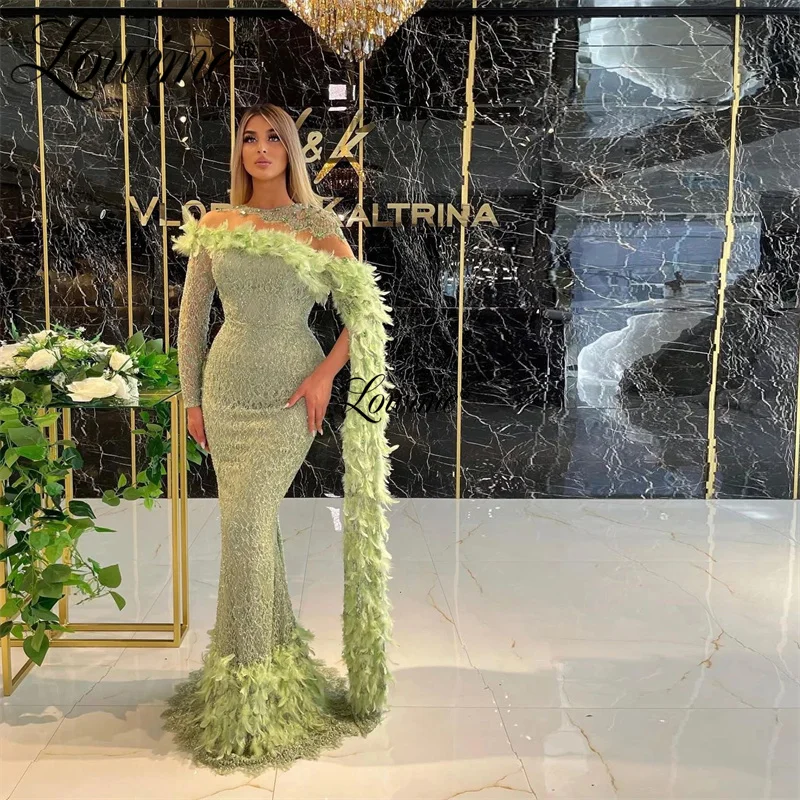 

Lowime Couture 2022 Dubai Green Long Sleeve Evening Dresses Plus Size Mermaid Feathers Crystals Arabic Middle East Party Dress