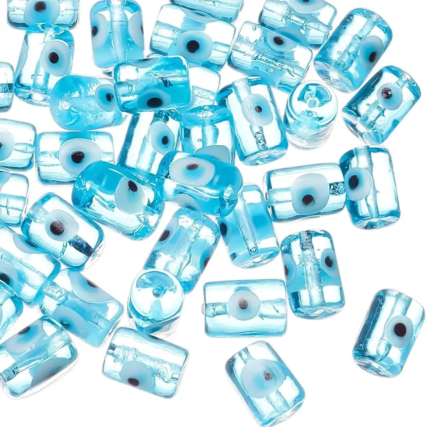 40Pcs Evil Eye Beads Light Sky Blue Glass Beads 14Mm Long Column Spacer Beads Con Evil Eyes Small Tube Allentato