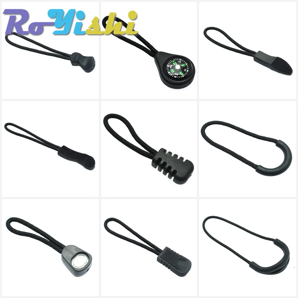 10 teile/paket Reiß verschluss zieht Kordel enden Riemen Lariat schwarz für Bekleidungs zubehör – Detail 1