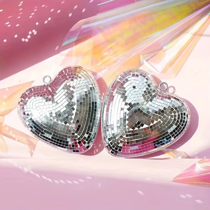 Description Picture 4 of item1pc Heart Shape Disco Ball Reflective Glass Party Atmosphere Hanging Decorations Colorful Disco Ball With Chain Party Supplies