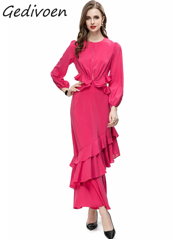 

Gedivoen летнее модное дизайнерское розово-красное винтажное платье для женщин с О-образным вырезом с длинным рукавом оборками с вырезами облегающее длинное платье