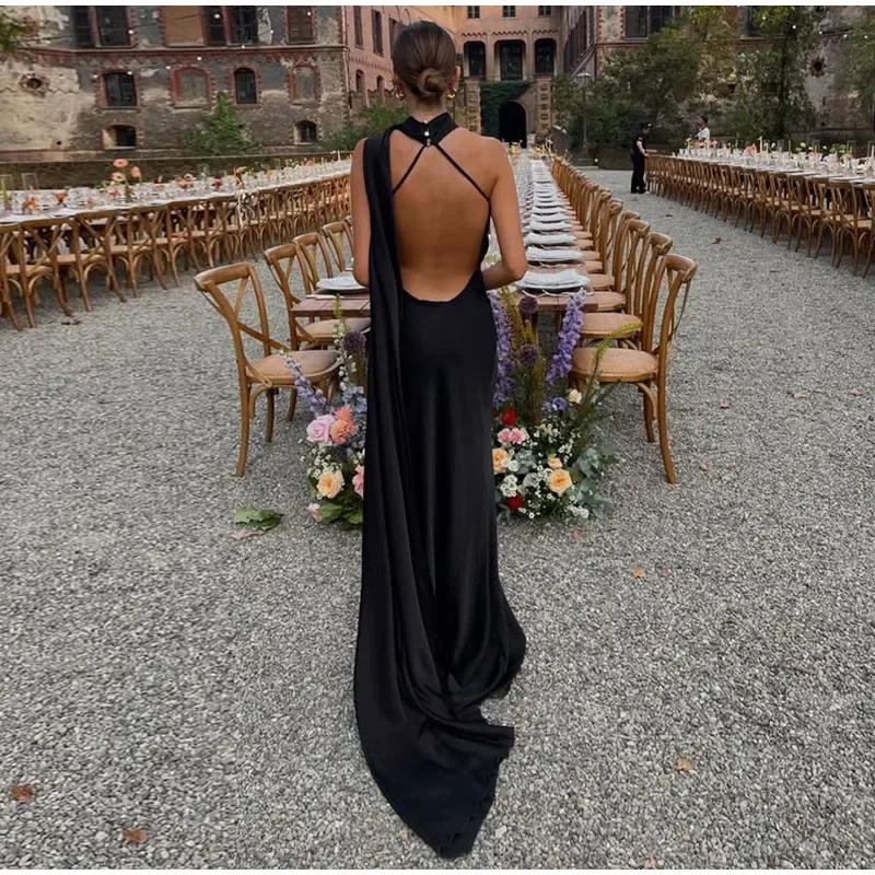 Satin Ribbon Halter Long Dresses Women' Backless Maxi Dress Evening Wedding...