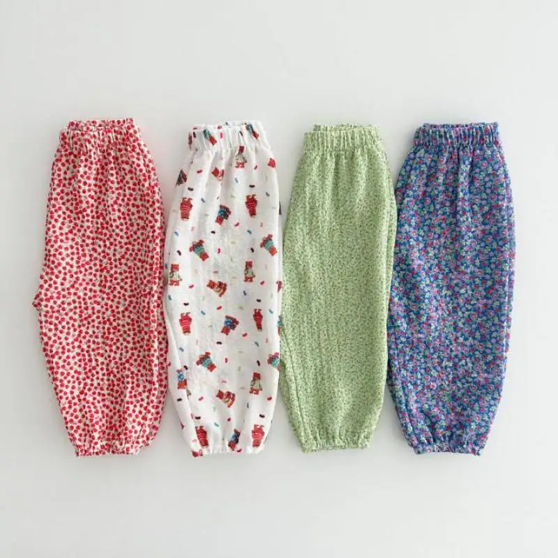 Kids Trousers Summer Loose Anti-mosquito Vintage Floral Lantern Thin Breathable Soft