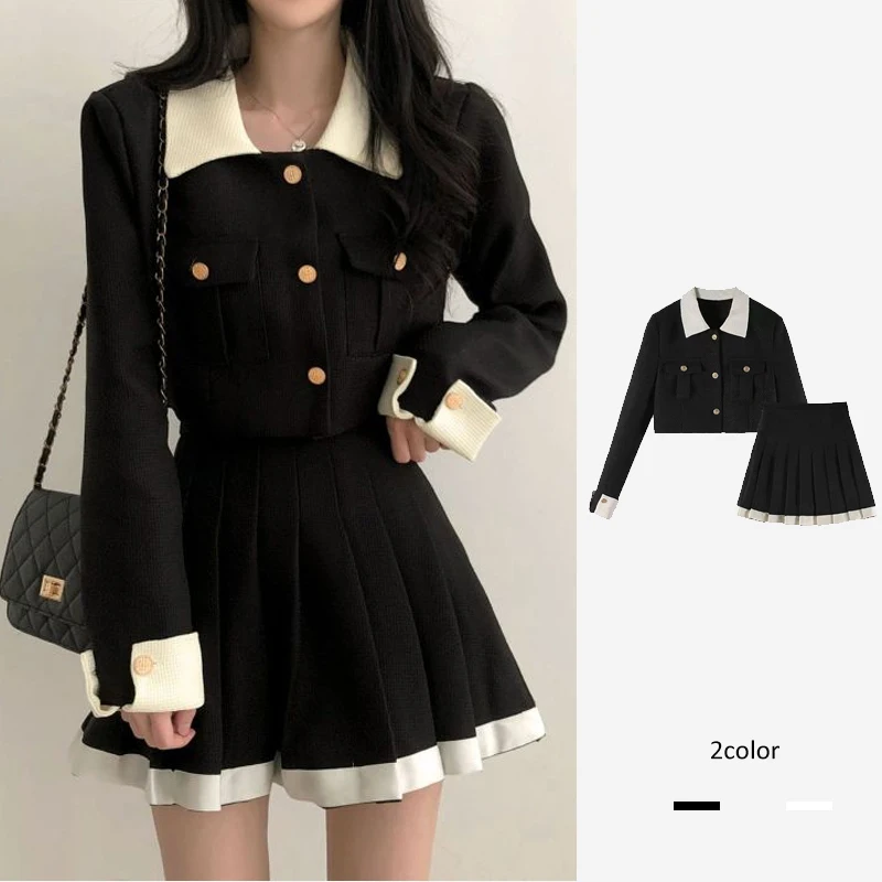 Korean Chic Two-piece Skirt Sets Patchwork Long Sleeves Cropped Top High Waist Pleated Mini Skirt Autumn Winter Y2K New Outfits