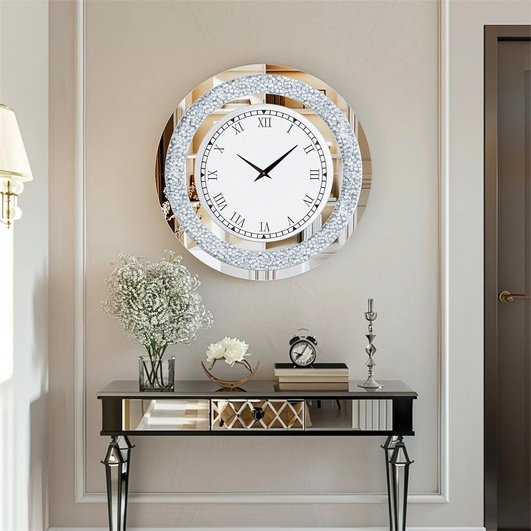 LUVODI Wall Clock Mirror Clock Sparkle Bling Round Diamond Wall with Silver Tawny Tinted Crystal Crushed