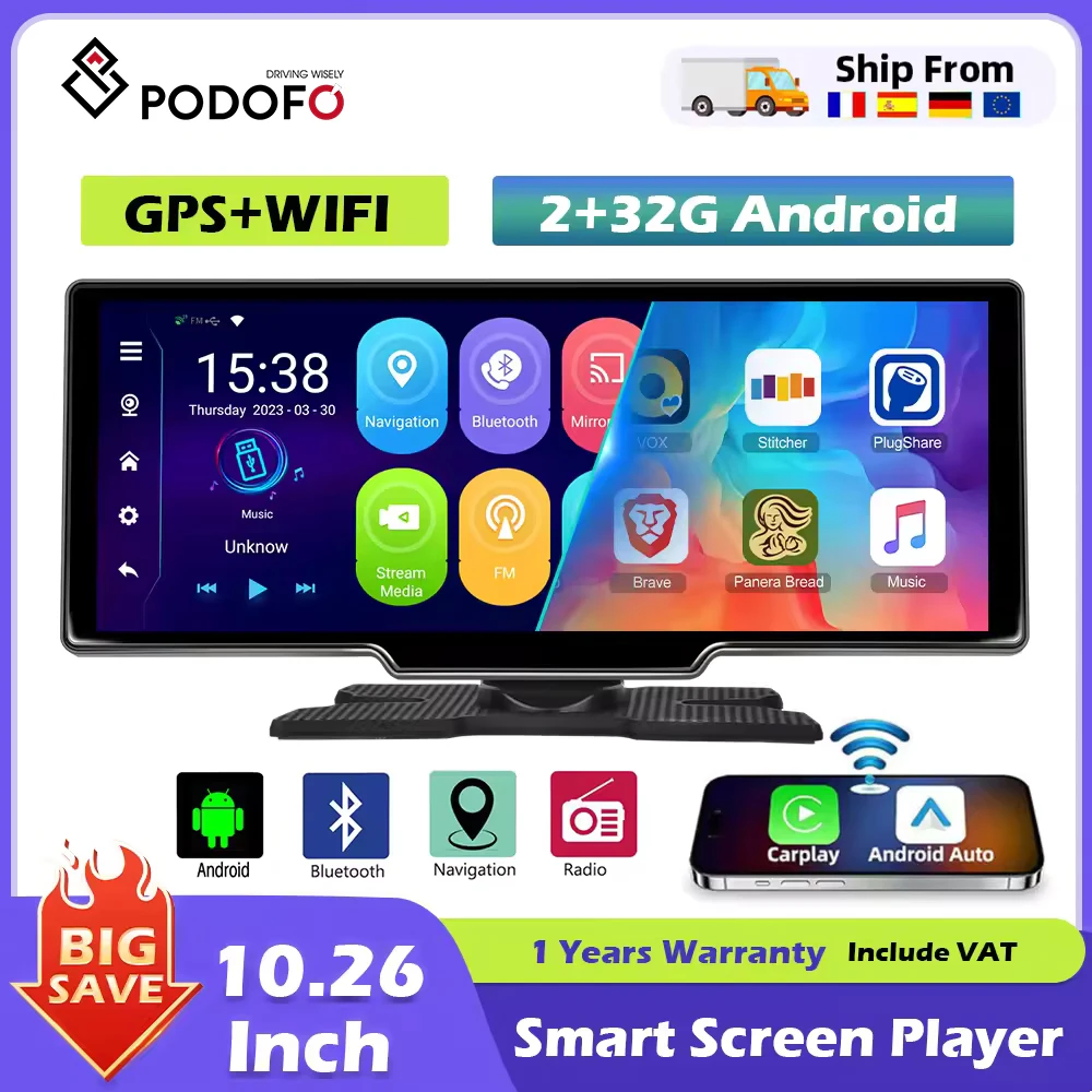 Podofo 10.26\\\\\\\" Uniwersalne Radio Samochodowe z CarPlay i Android Auto, 2+32GB, Bluetooth, AUX, FM, Obsługa Kamery Cofania