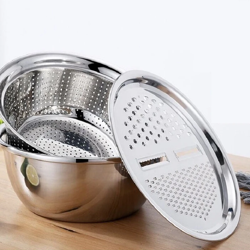 3PCS Multifunctional Stainless Steel Kitchen Graters Vegetable Slicer Vegetable Cutter Drain Basket Set Fruit Drain Basin