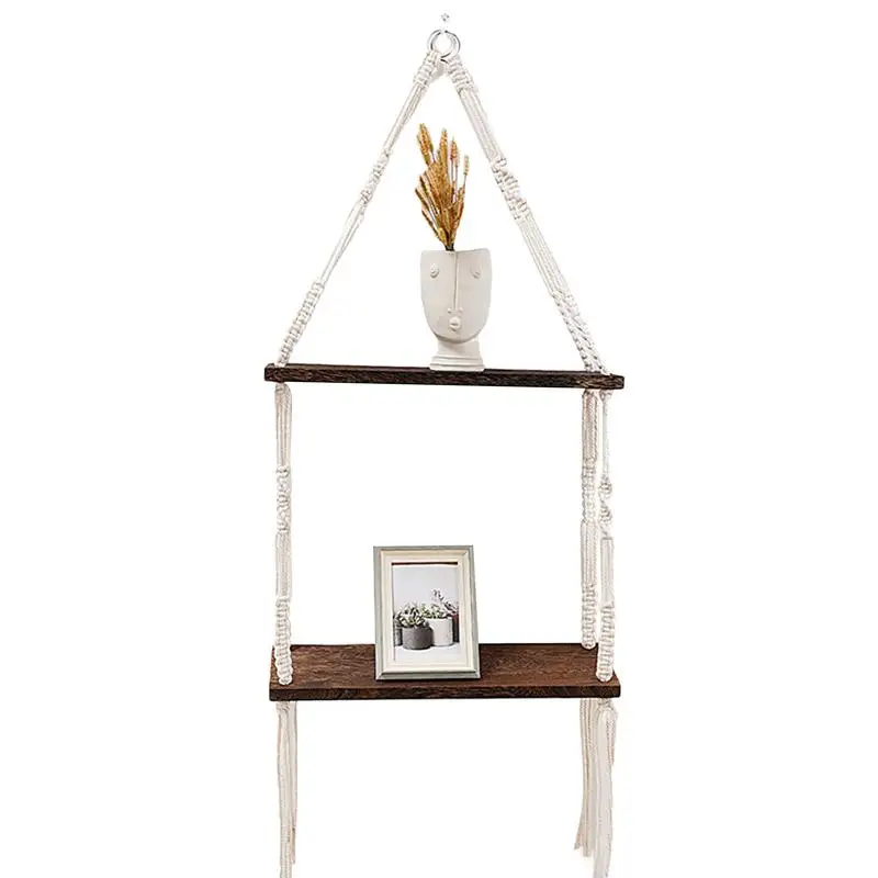 

Macrame Hung Shelves 2-Tier Wood Floating Plant Shelf Wall Boho Rustic Decor White Boho Shelves Organizer Handmade Woven Rope