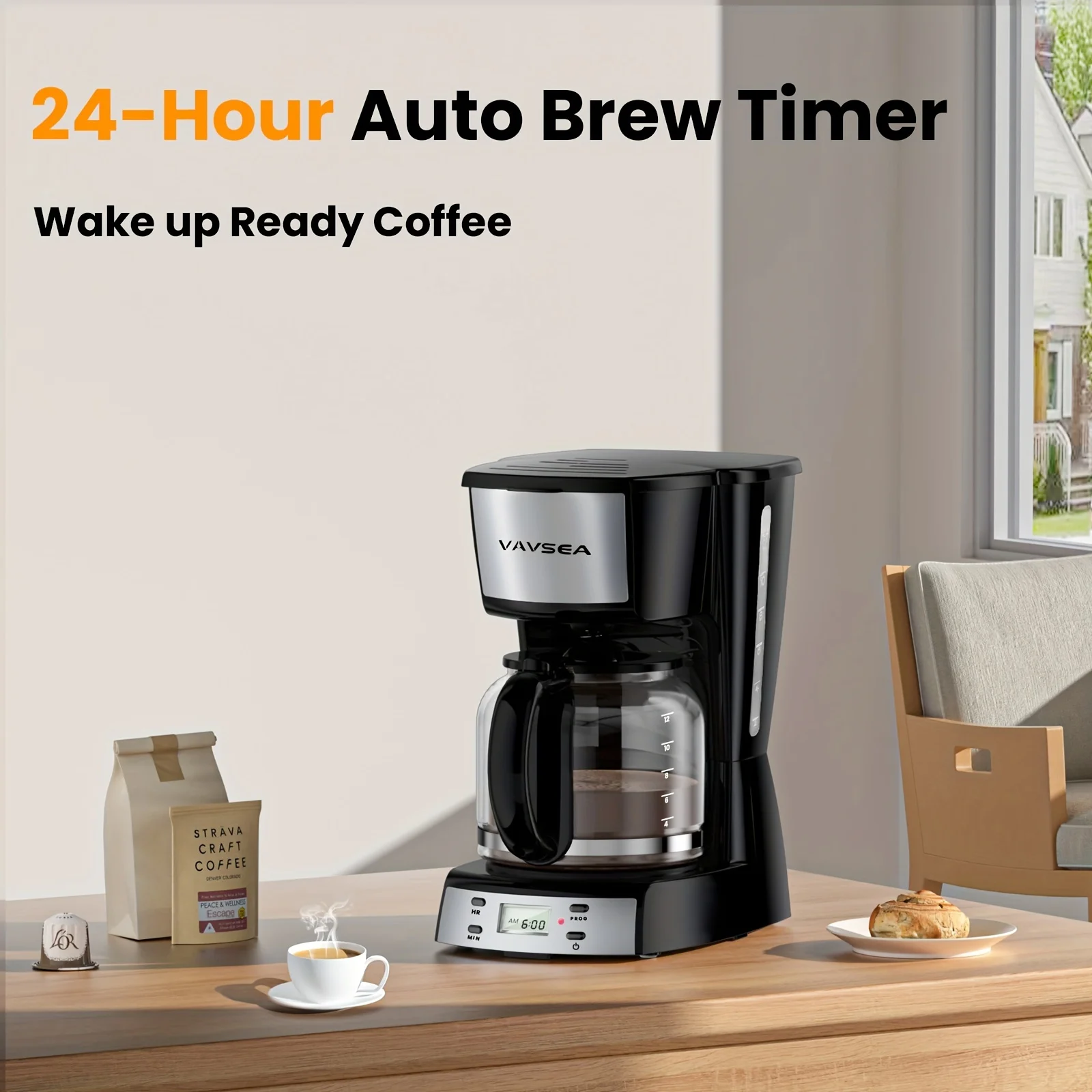 VAVSEA 12 Cup Programmable Coffee Maker, 900W Drip Coffeemaker with Glass Carafe, Auto Shut off, for Home Black 3