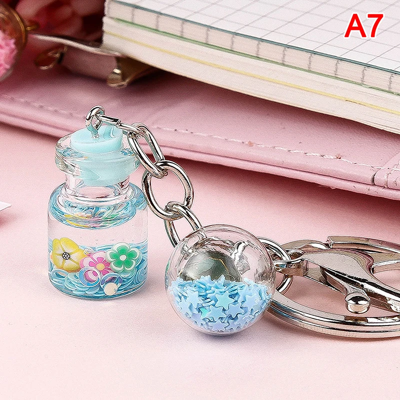 Trendy Cute Flower Quicksand Bottle Keychain Creative Keyring Charms