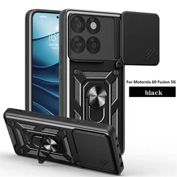 Shockproof Armor Phone Case with Slide Lens Cover and Ring Holder for Motorola Edge 60 Fusion 5G (Sj-black)