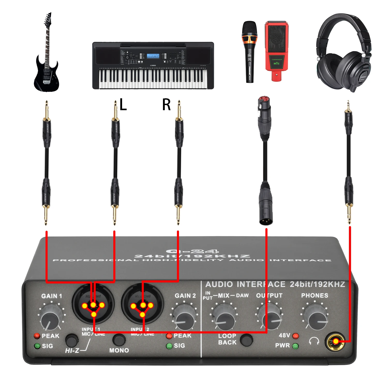 Professional 24Bit 192KHz Audio Interface 2 Input Sound Card