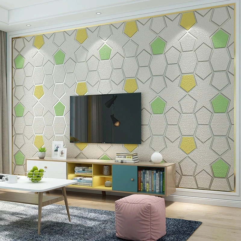 Beige Geometric Polygon Thickening Wallpaper Bedroom Living Room Background Wall Modern Minimalist Deerskin Velvet Wall Sticker