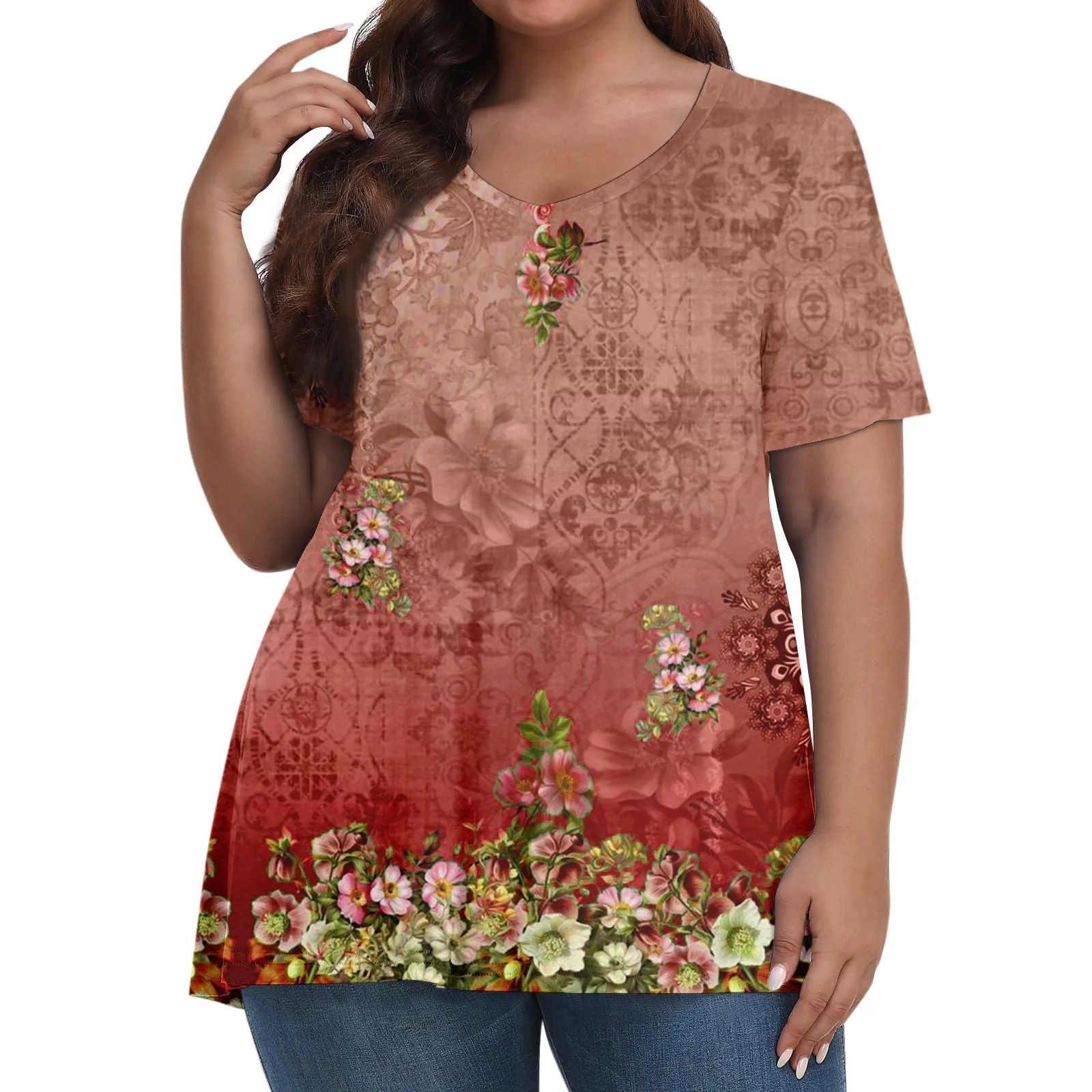 

Женские топы больших размеров, рубашки с коротким рукавом и V-образным вырезом, повседневная одежда, топ с принтом, женская модная блузка, 2023 футболка для женщин