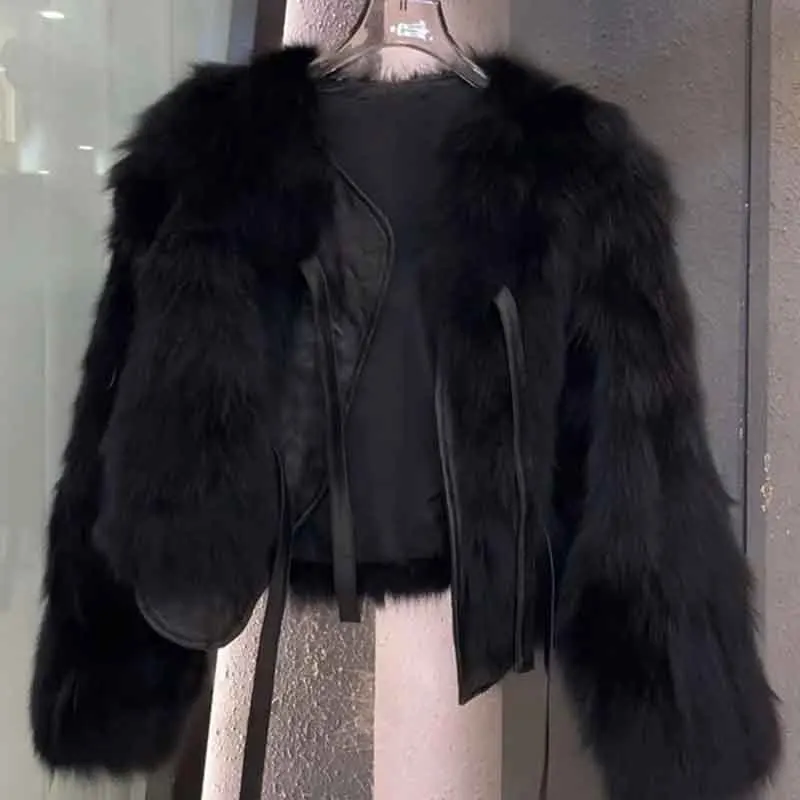 Autumn Faux Fur Crop Coat Women Y2K Fashion Streetwear O Neck Fluffy Short Fur Jacket Korean Elegant Lace Up Faux Fox Fur Parkas 3