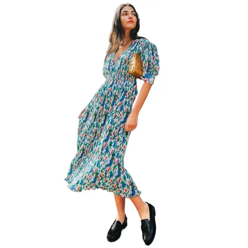 

2024 New Summer Casual Floral Printed V-neck Puff Sleeve Maxi Dresse High Waist A Line Bohemian Beach Party Long Dress Robe