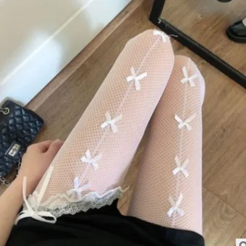 Kawaii gotico scava fuori collant Lolita fiocco nodo calze a rete donne piccante ragazza nero bianco sexy sottile ins marea collant di pizzo