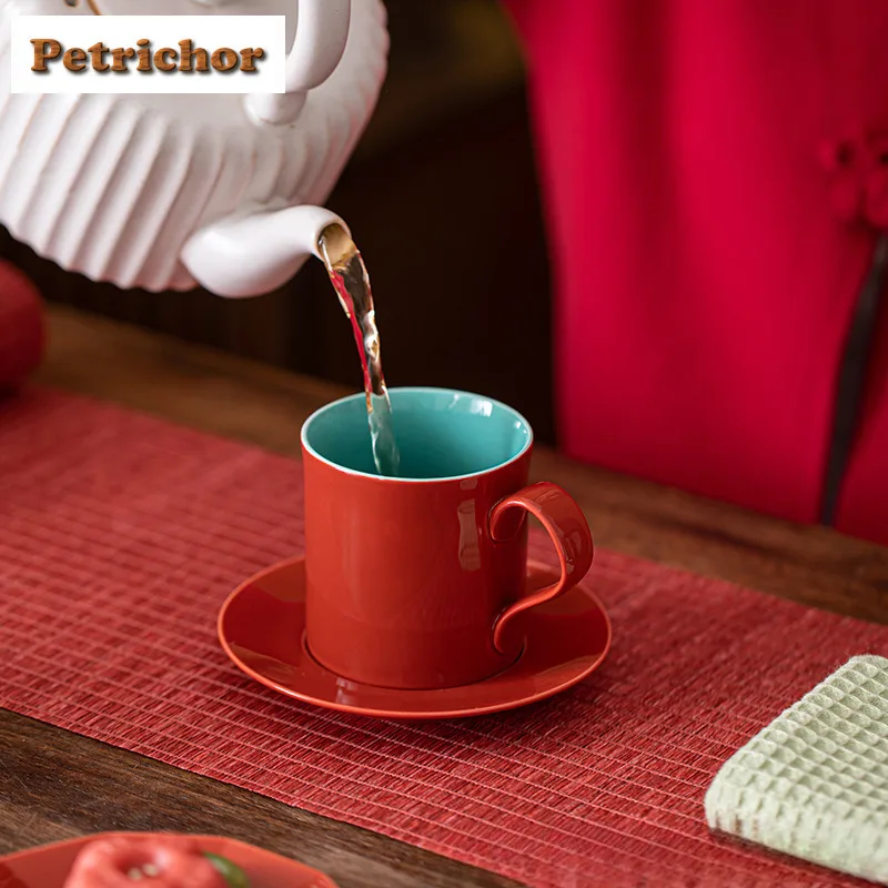 190ml Nuovo Cinese Rosso Tazza di Caffè Con Piatto Coppia Impugnatura Tazze Tè pomeridiano Tazza Tazza Piattino Kit Ufficio Tazza di Acqua Drinkware 2
