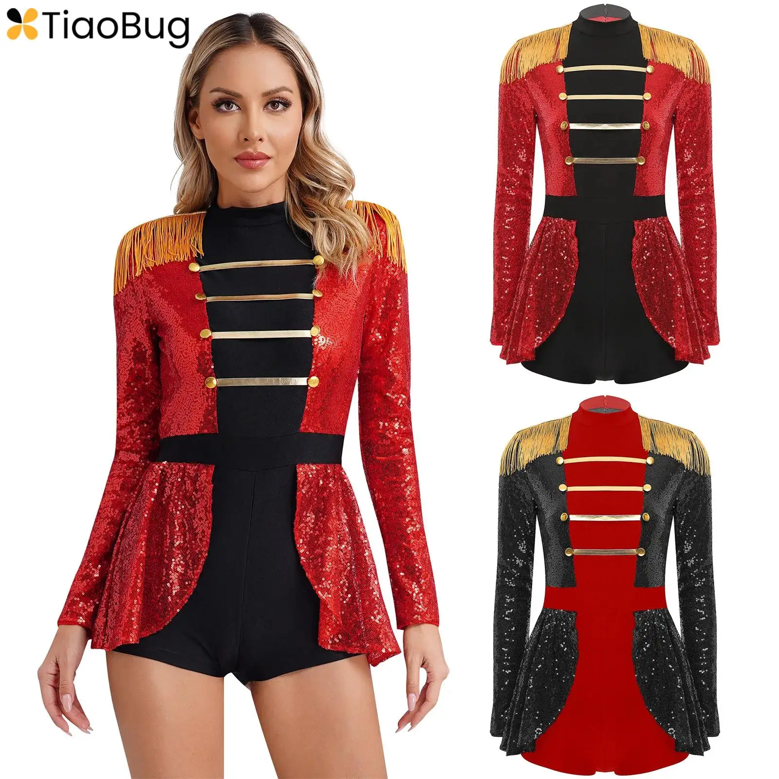 

Womens Circus Ringmaster Jumpsuit Halloween Carnival Cosplay Costume Sequins Tassel Shoulder Boards Skirted Boyshorts Bodysuit