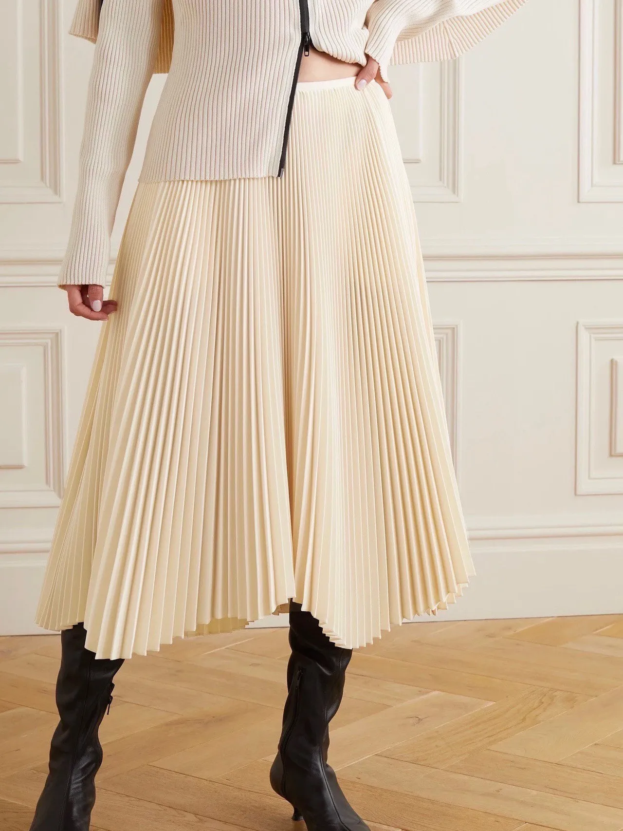 

Women Asymmetric Hem Design Pleated Skirt Spring Summer Versatile Elastic High Waist Female Loose Sweet Midi Jupe