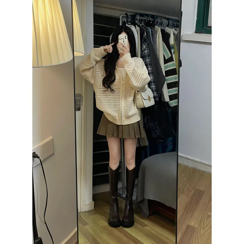 Off-white cut-out design hooded over thin spring and summer lazy sweatshirt zipper knit cardigan top for women