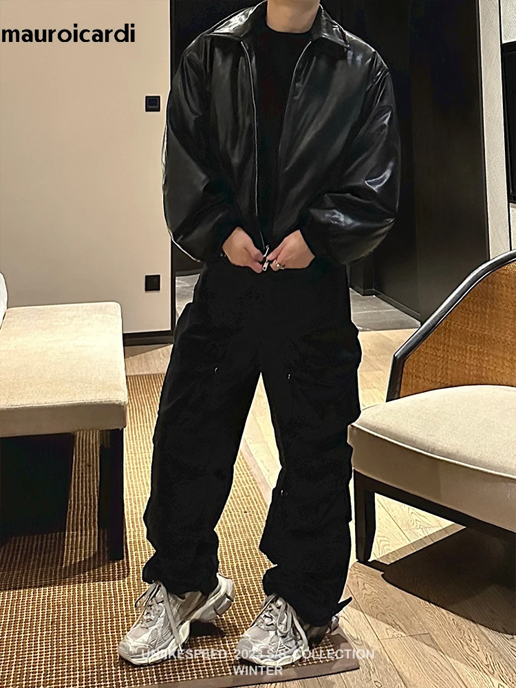 Mauroicardi Spring Autumn Cool Handsome Oversized Short Thickened Warm Soft Black Pu Leather Jacket Men Luxury Designer Clothes 3
