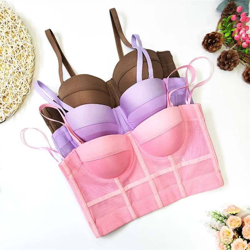 Women Push Up Bra Summer Sleeveless Crop Top Corset Underwear Tube Top Off Shoulder Mesh Breathable Slim Camis Female Lingerie
