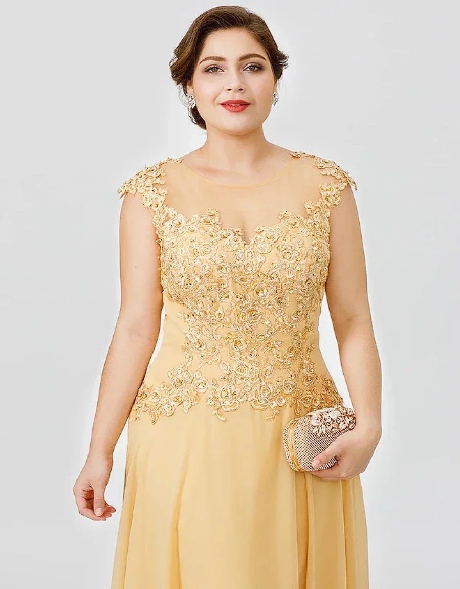 Mother of the Bride Dress Wedding Guest Elegant Plus Size Illusion Neck Sweep Chiffon Beaded Lace Formal Dresses