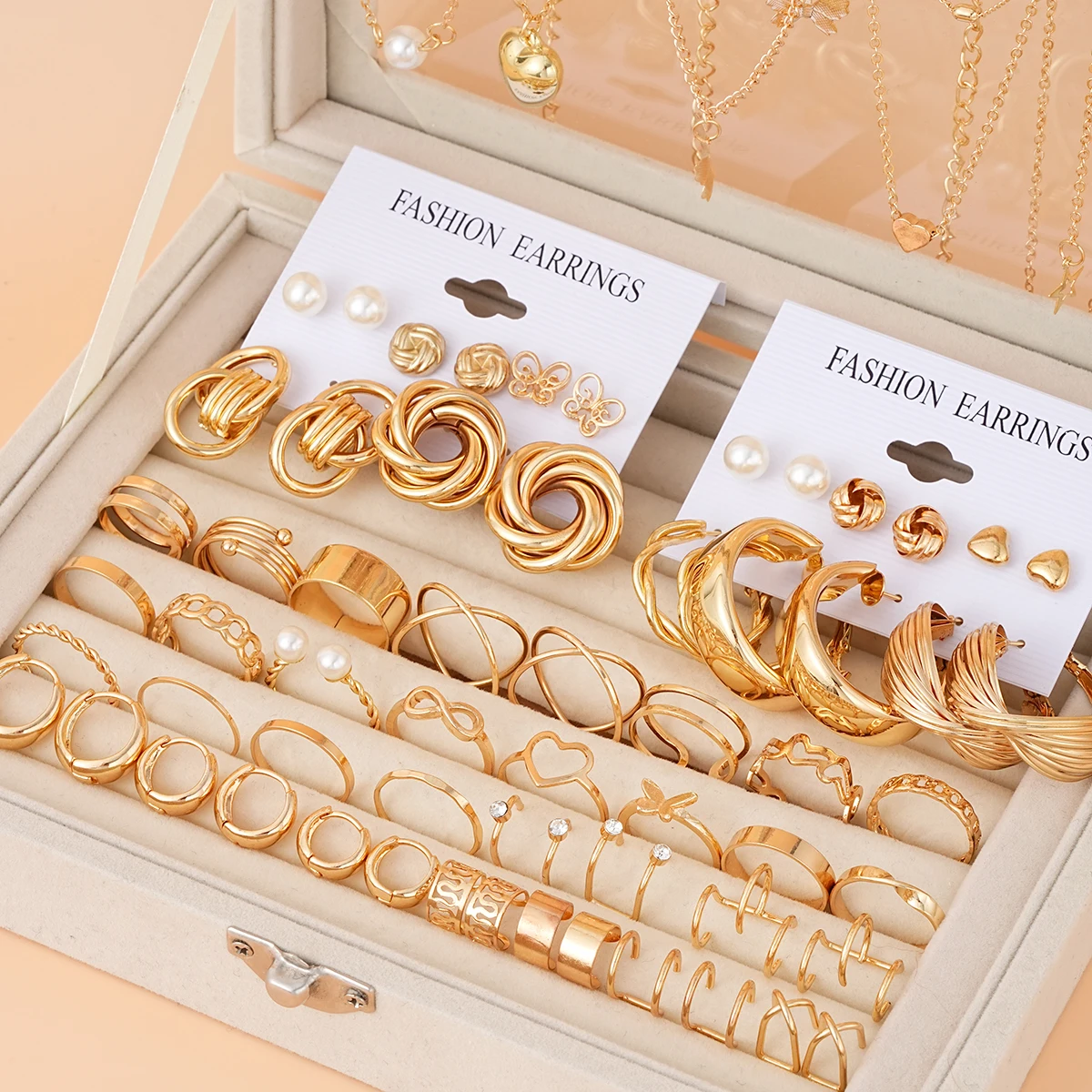 68 Pcs Boho Chic Jewelry Set Vintage Heart Pearl Zircon Butterfly Pendant Earrings Ring Necklace For Women Daily Wear Gifts 2024