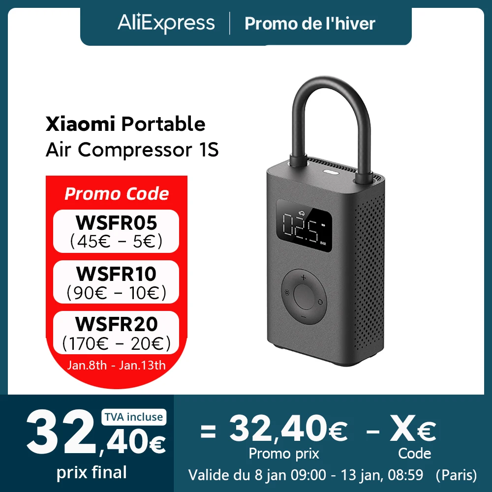 Compresseur D'air Portable Xiaomi 1S - Gonflage Pneus Vélo, Ballons - Numérique USB - Noir
