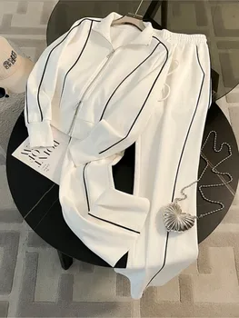 Woman's Color Blocking Sportswear Set Spring Autumn Fashion Flip Collar Zipper Coat Long Pants Two-piece Set Lady Leisure Outfit 1