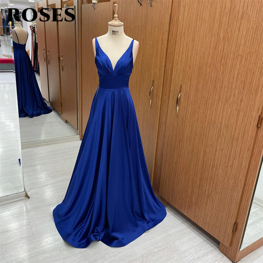 

ROSES Spaghetti Strap Royal Blue Formal Dresses Stain V Neck Party Dress For Wedding A Line Special Occasion Dresses robe soirée