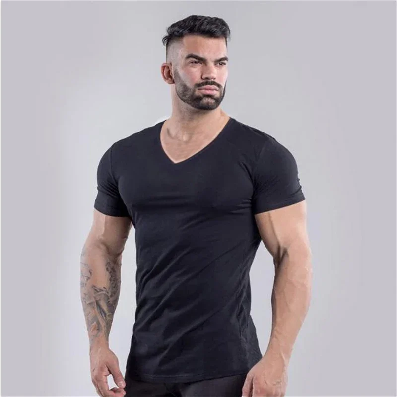 Brand Summer Cotton T-shirt Men V-neck Fashion Design Slim Fit Soild Sports  T-shirts Male Tops Tees Short Sleeve T Shirt For Men - T-shirts - AliExpress